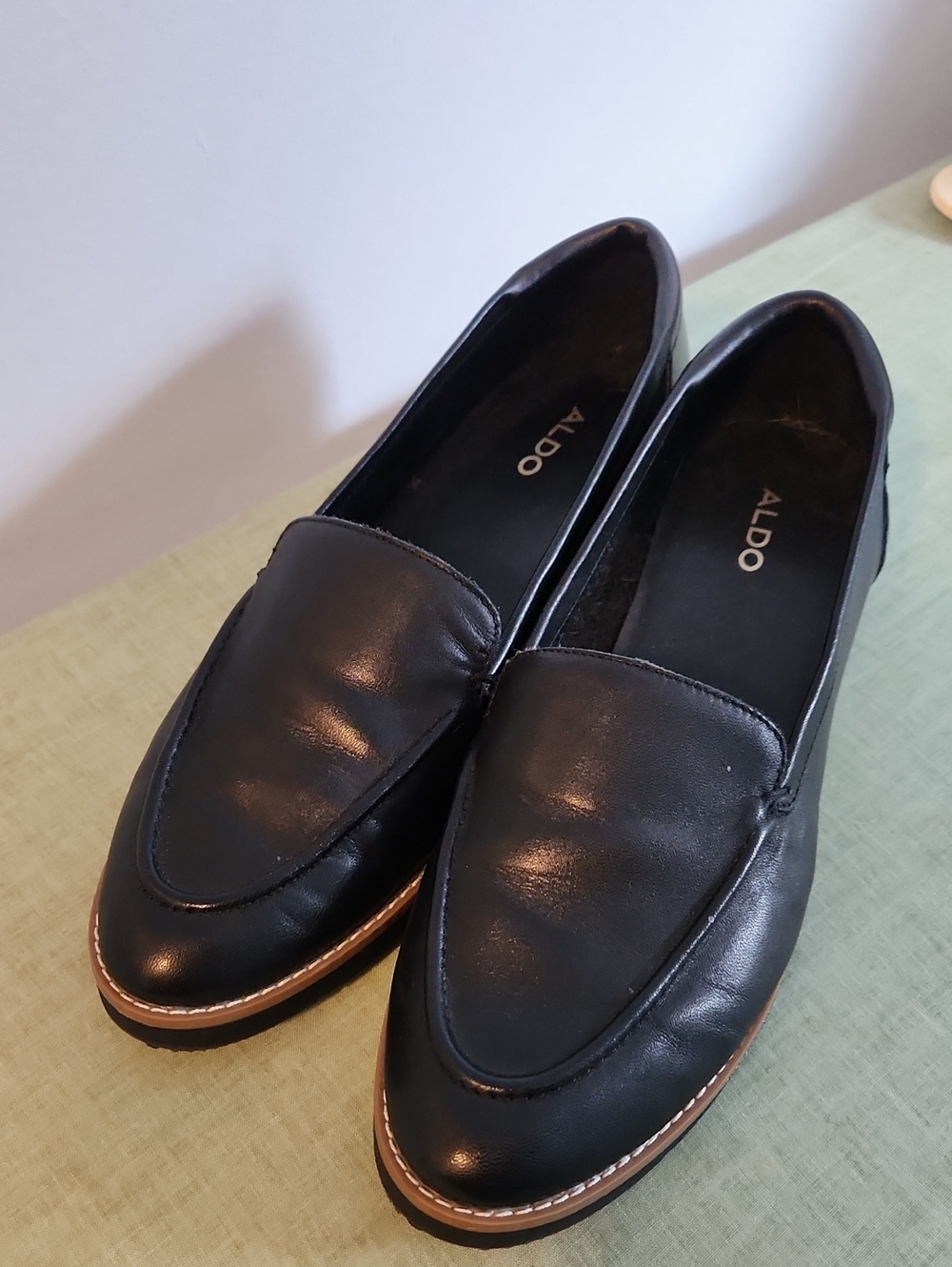 ALDO Black Leather Slip-On Loafers with Tan Welt